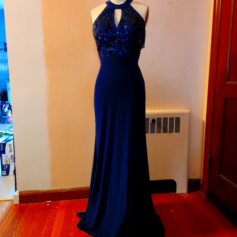 Morgan & Co. Navy Blue Halter Prom Dress